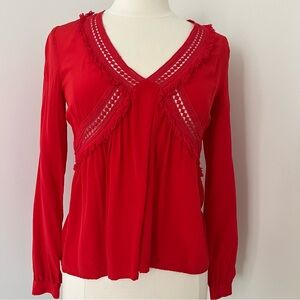 Sezane Red Silk Top Blouse Baby Doll Crochet V-Neck Womens Size 36 US 4 Small